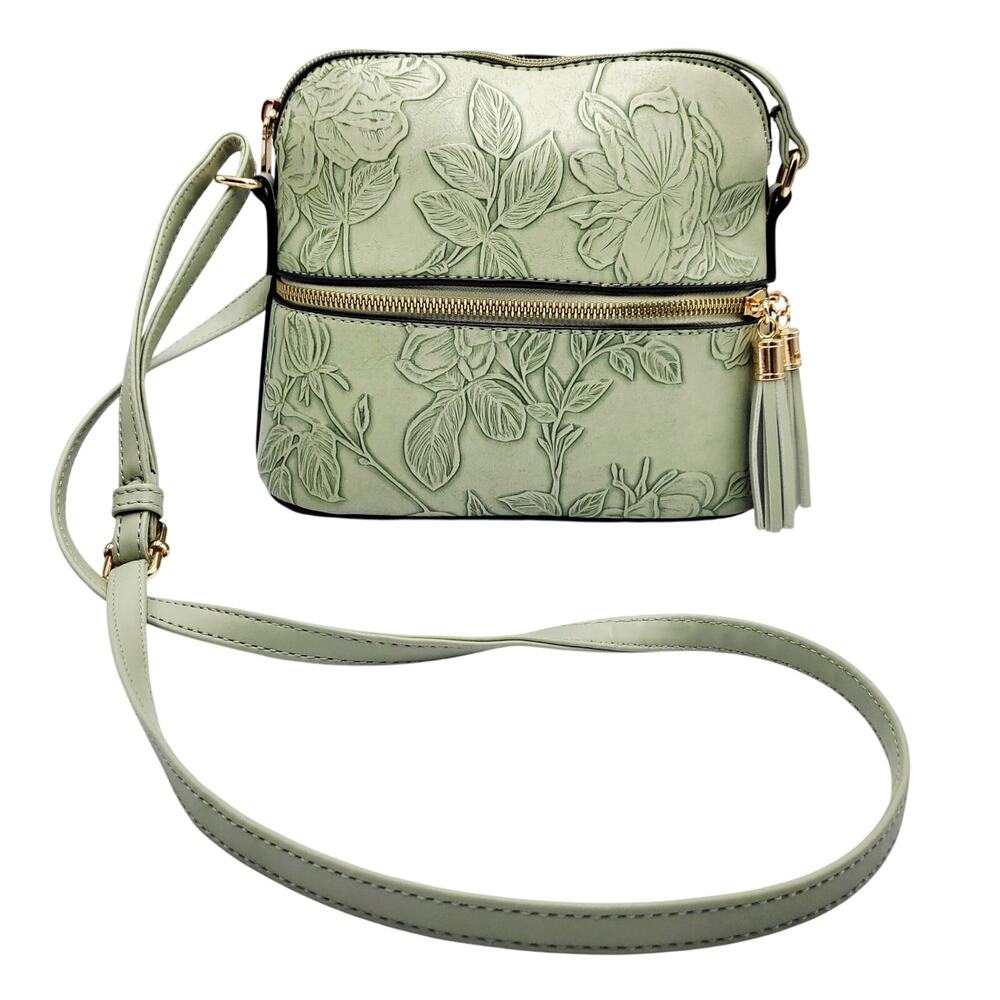 Le Bag Light Green Embossed Floral Leaf Print Structured Crossbody Bag Purse